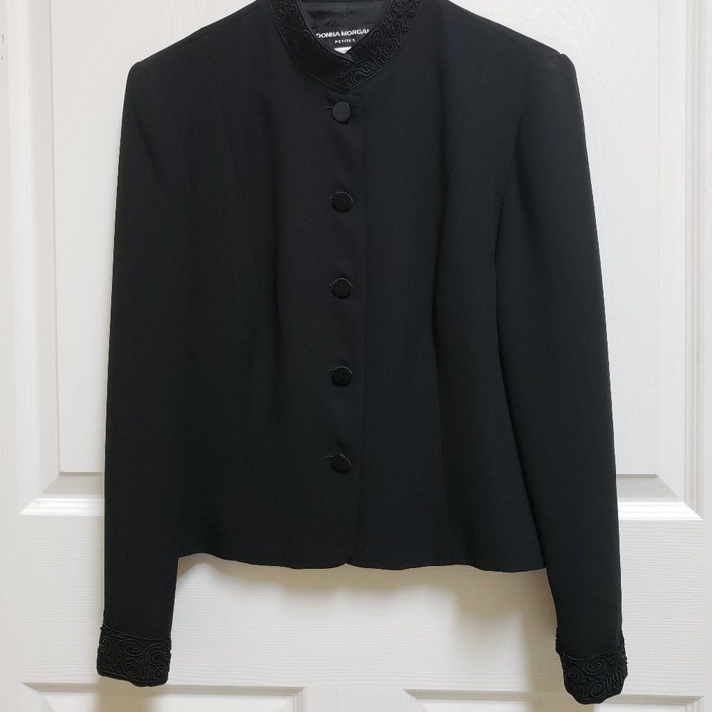 Donna Morgan Blazer Women 12P Black Embroidered Mandarin Collar Career Party